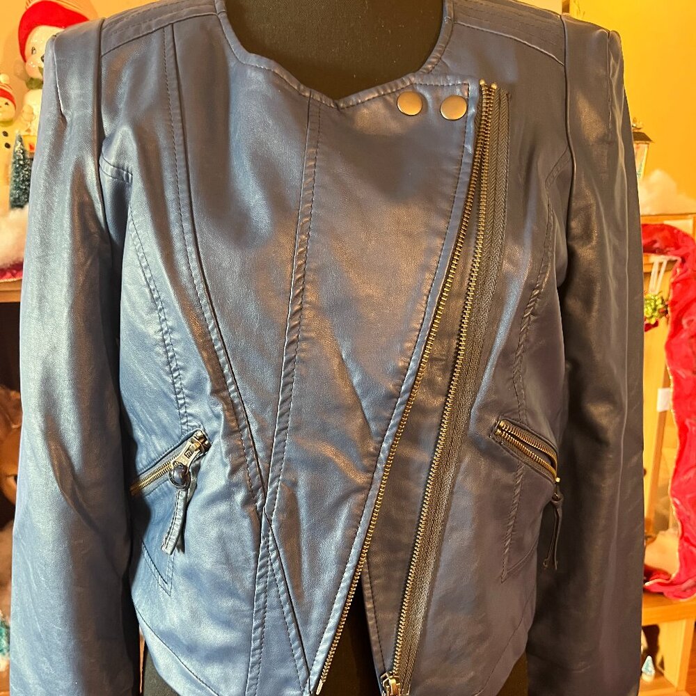 Free People Blue Vegan Leather Jacket Size 8 - Picture 4 of 4